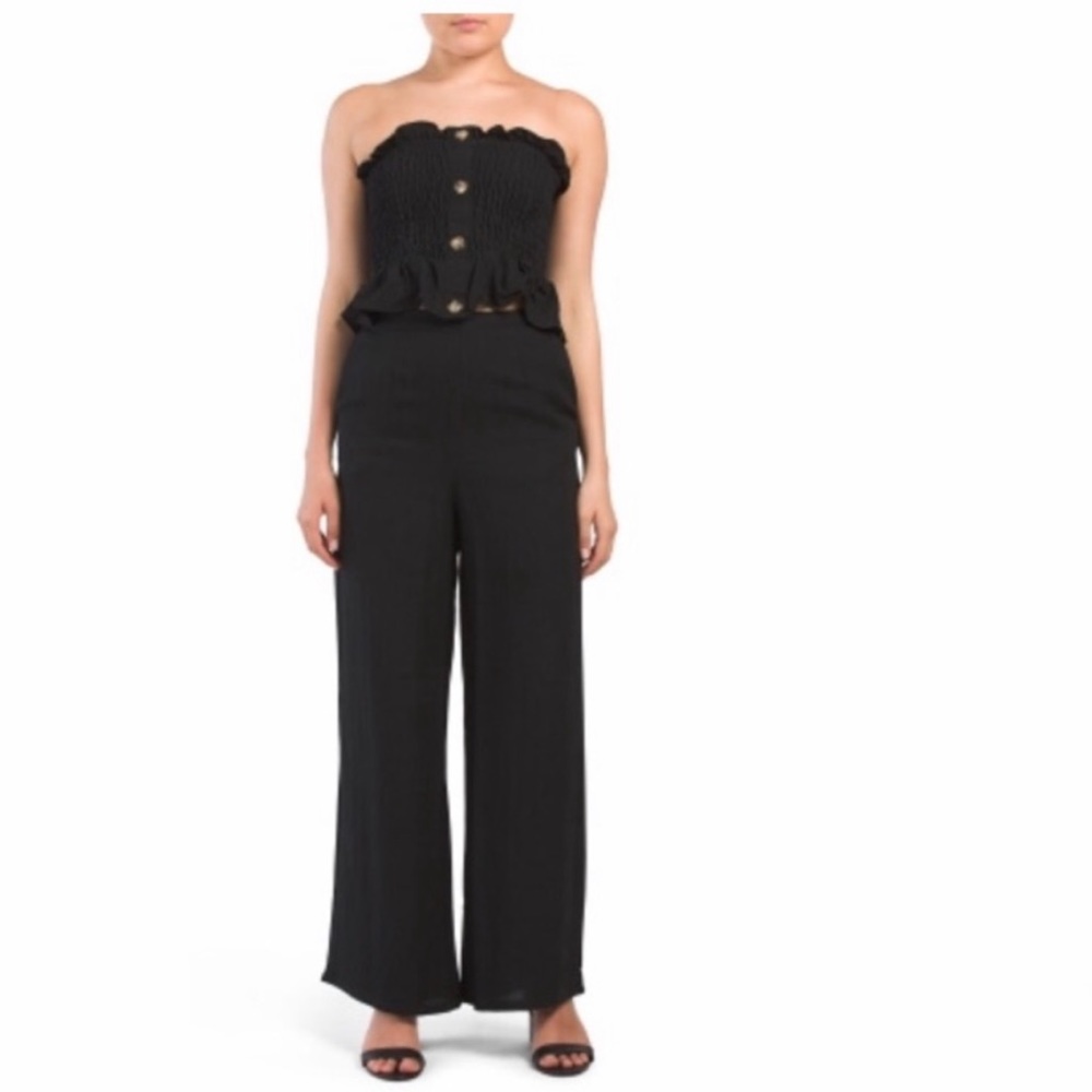 New 2 Two Piece Boho Smocked Linen Crop Top Pants Set